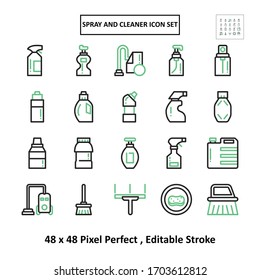 vector illustration cleaning thin line mini icons set. Contains such Icons as, vacuum cleaner, broom, spray, detergent, and more. With 48x48 pixel perfect.
