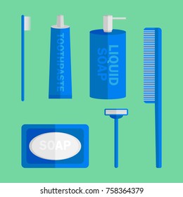 Vector illustration. Cleaning tools set. Toothbrush, toothpaste, soap, shaver and hairbrush