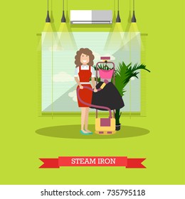 Vector illustration of cleaning woman ironing clothing with steam iron. Cleaning company services concept design element in flat style.