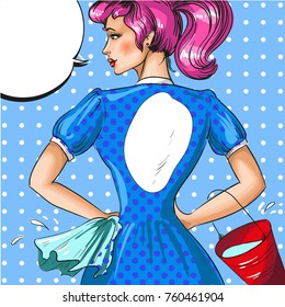 Vector Illustration Of Cleaning Woman With Rag And Bucket. Beautiful Cleaner Lady Standing Back And Speech Bubble In Retro Pop Art Comic Style.