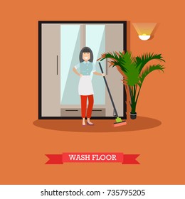 Vector illustration of cleaning woman washing floor with sponge mop. Cleaning company services concept design element in flat style.