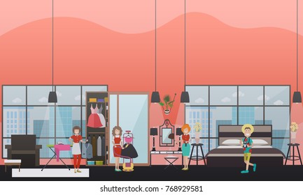 Vector illustration of cleaning women dusting furniture in hotel room, ironing clothing. Cleaning company services concept design elements in flat style.