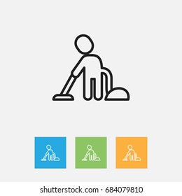 Vector Illustration Of Cleanup Symbol On Worker Outline. Premium Quality Isolated Vacuuming Man Element In Trendy Flat Style.
