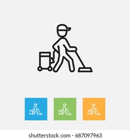 Vector Illustration Of Cleanup Symbol On Carpet Outline. Premium Quality Isolated Worker Element In Trendy Flat Style.