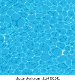 A vector illustration of a clear blue water surface with sun reflections and ripple patterns. The design features organic caustic light effects and sparkling highlights that create a realistic swimming pool or ocean texture. This high quality aquatic background is ideal for summer pool party invitations, spa and wellness branding, tropical travel posters, and marine life educational graphics.