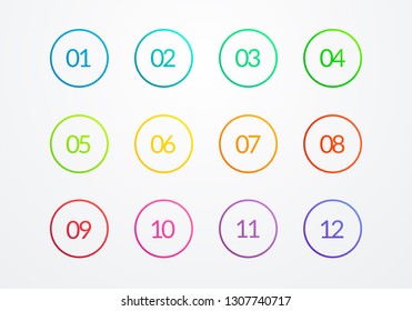 Vector Illustration Clear Flat Outline Bullet Point Circle Number 1 to 12. Web Element