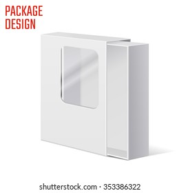 Vector Illustration Of Clear Gift Carton Box For Design, Website, Background, Banner. White Package Template With Window Isolated On White. Retail Pack With For Your Brand On It