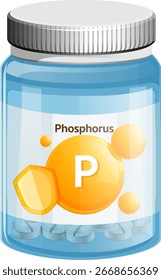 Vector illustration of a clear plastic bottle containing phosphorus vitamin tablets, labeled with chemical symbol, flat design, bright colors, isolated on white