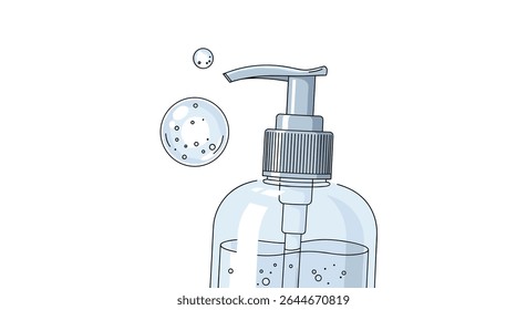 Vector illustration of clear plastic hand sanitizer bottle with dispenser for hygiene