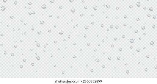 Vektorgrafik von klaren, realistischen Wassertropfen, die auf transparentem Hintergrund verstreut sind. Perfekt für Design, Werbung, Kosmetik oder Auffrischungskonzepte
