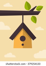 Vector Illustration of Clear Sky and a Bird House Hanging of a Branch, Flat Design Style. 