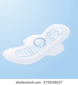 Vector illustration of clear water droplets resting on a sanitary pad's mesh surface. Symbolizes freshness, cleanliness, and dry-touch technology for feminine hygiene comfort