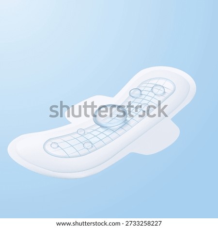 Vector illustration of clear water droplets resting on a sanitary pad's mesh surface. Symbolizes freshness, cleanliness, and dry-touch technology for feminine hygiene comfort