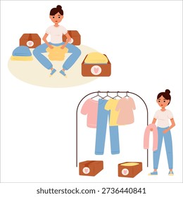 Vector illustration of clearing out space and life from unnecessary things. Decluttering the house, donating unwanted items. Flat vector color illustration for a poster, web banner, or post