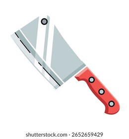 A vector illustration of a cleaver knife with a shiny metal blade and a red handle with rivets. The knife is depicted at an angle against a white background.