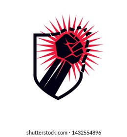 Vector illustration of clenched fist breaks the wall. No restrictions conceptual emblem.