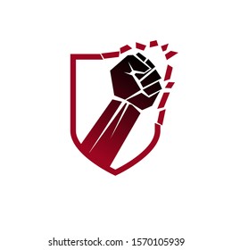 Vector illustration of clenched fist breaks the wall. No restrictions conceptual emblem.