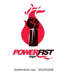 Vector illustration of clenched fist in the burning fire. Revolution idea symbol can be used as tattoo.