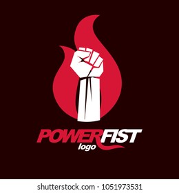 Vector illustration of clenched fist in the burning fire. Revolution idea symbol can be used as tattoo.