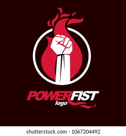 Vector illustration of clenched fist in the burning fire. Revolution idea symbol can be used as tattoo.