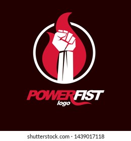 Vector illustration of clenched fist in the burning fire. Revolution idea symbol can be used as tattoo.