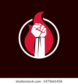 Vector illustration of clenched fist in the burning fire. Revolution idea symbol can be used as tattoo.