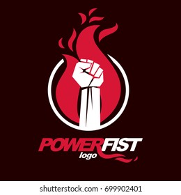 Vector illustration of clenched fist in the burning fire. Revolution idea symbol can be used as tattoo.