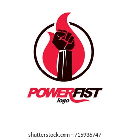 Vector illustration of clenched fist in the burning fire. Power and authority conceptual logo