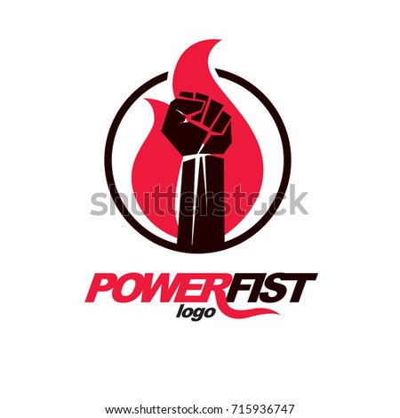 Vector illustration of clenched fist in the burning fire. Power and authority conceptual logo