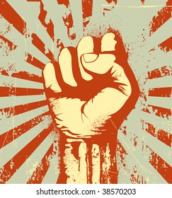 Vector illustration of clenched fist held high in protest on the red grunge urban background