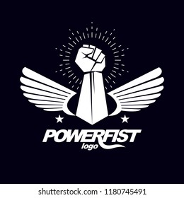 Vector illustration of a clenched fist raised up. Boxing club abstract emblem can be used as tattoo.