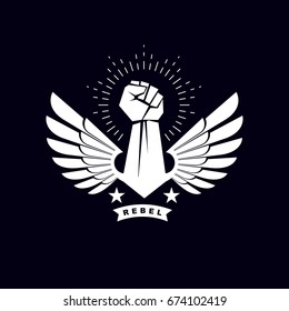 Vector illustration of a clenched fist raised up. Boxing club abstract emblem can be used as tattoo.