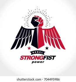 Vector illustration of a clenched fist raised up. Boxing club abstract emblem can be used as tattoo.