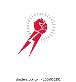 Vector illustration of clenched fist in the shape of lightning can be used as tattoo. Power and authority conceptual logo.