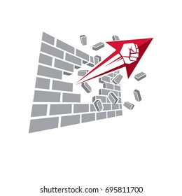 Vector illustration of clenched fist in the shape of arrow breaks the wall. No limits conceptual emblem.