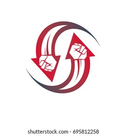 Vector illustration of clenched fist in the shape of arrow. Power and authority conceptual logo.