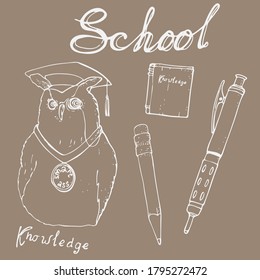 ilustración vectorial lechón inteligente con sombrero, lápiz y pluma, letras, pizarra