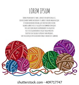 Vector illustration with clews.  Can be used us invitation card. Border with red clew. Hand made yarn background