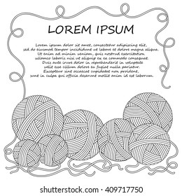 Vector illustration with clews.  Can be used us invitation card. Border with red clew. Hand made yarn background