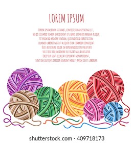 Vector illustration with clews.  Can be used us invitation card. Border with red clew. Hand made yarn background
