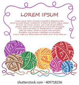 Vector illustration with clews.  Can be used us invitation card. Border with red clew. Hand made yarn background