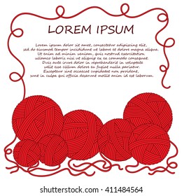 Vector illustration with clews.  Can be used us invitation card. Border with red clew. Hand made yarn background
