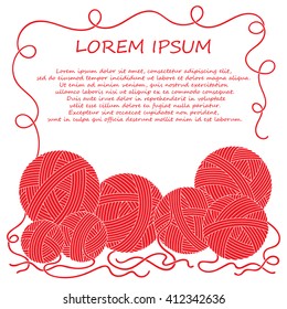 Vector illustration with clews.  Can be used us invitation card. Border with red clew. Hand made yarn background