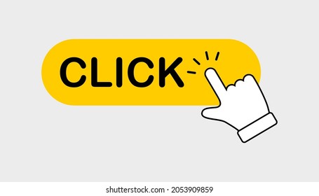 Vector illustration of click here button with hand clicking icon on gray background.