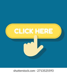 Vector illustration of a click here icon with a pointer pressing a web button, symbolizing user engagement, online actions, and digital business interface.