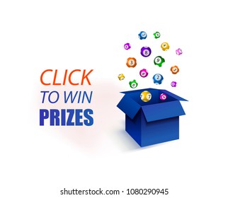 Vector Illustration, Click to Win Prizes, Blue Open Box and Lottery Balls Explosion.