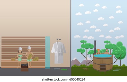 Vector illustration of clients enjoying barrel and steam sauna. Spa aqua therapy concept design element in flat style