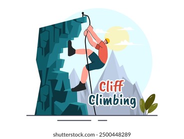 Ilustración vectorial de escalada de acantilados con un escalador ascendiendo una pared de Rock o acantilados de montaña de deportes extremos en un fondo plano de dibujos animados