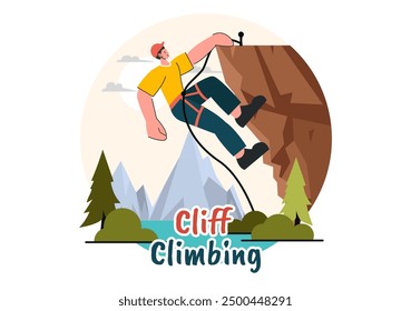 Vector Illustration of Cliff Climbing Featuring a Climber Ascending a Rock Wall or Mountain Cliffs of Extreme Sports in a Flat Cartoon Background