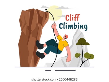 Vector Illustration of Cliff Climbing Featuring a Climber Ascending a Rock Wall or Mountain Cliffs of Extreme Sports in a Flat Cartoon Background